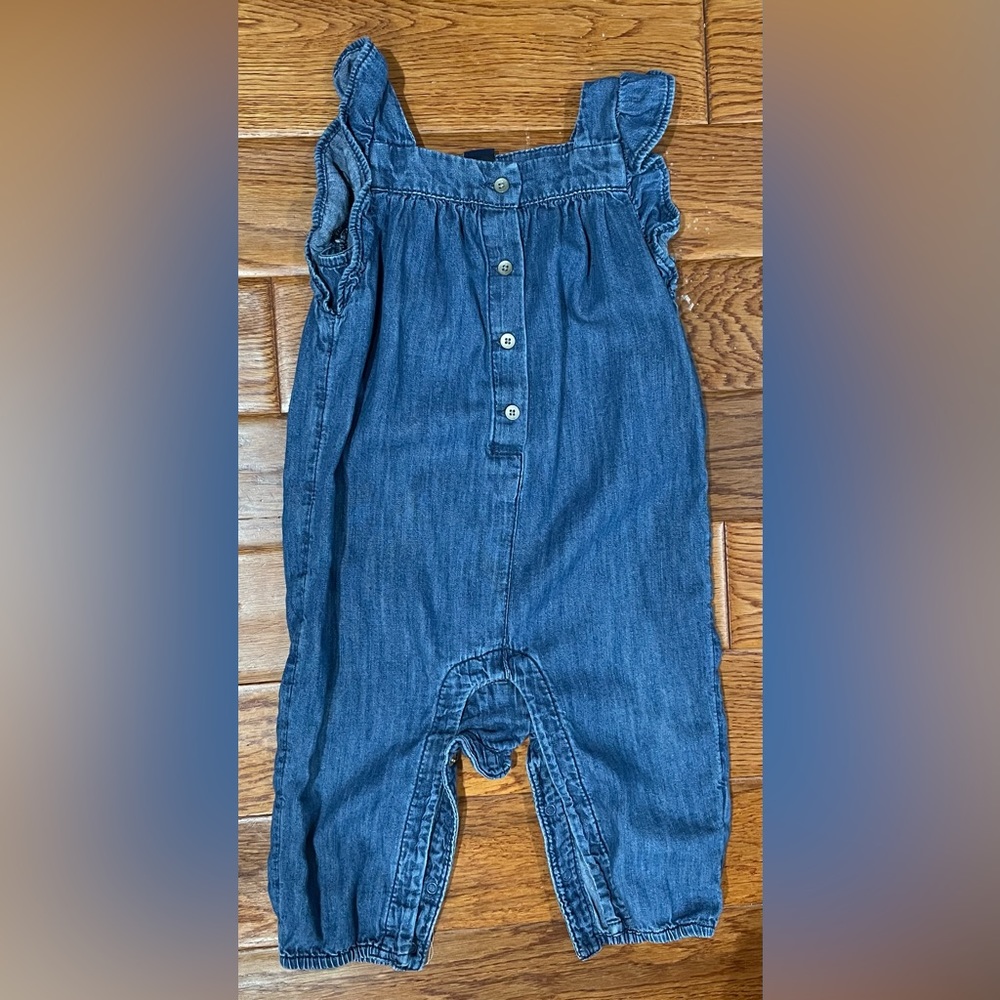 Gap Soft Denim Jumpsuit with snap bottom and button details 6-12 months